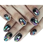 Halloween Press on Nails Short Almond Fake Nails Acrylic Nails Press ons Glossy Glue on Nails Bla...