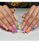 Long Press on Nails Square Acrylic Fake Nails with Rainbow Color Flame Gradient French Tip Patter...