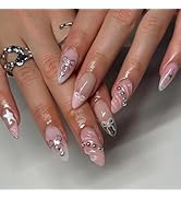 Medium Almond Press on Nails Pink Fake Nails French Tip False Nails with Design Star Silver Bow G...