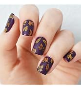 Fall Leaves Gel Glue on Acrylic Fake Nails 24Pcs Thanksgiving Press ons Fingernails Matte Purple ...
