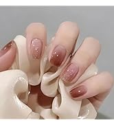 Gradient Brown Press on Nails Short Square Fall Fake Nails with Brown Glitter Designs False Nails...