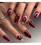 24Pcs Dark Red Press on Nails Short Almond Shape False Nails Spring Flower Fake Nails with Glue A...