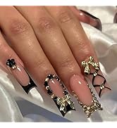 Long Square Press on Nails Black French Tip Fake Nails with Glod Bow Rhinestone Charm Glue on Nai...