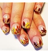 Fall Maple Press on Nails Gradient Maple Acrylic Fake Nails Short Square Glossy Gold Glitter Fals...