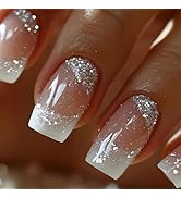 24Pcs White French Tip Press on Nails Square Medium Length Fake Nails White Ombre False Nails wit...