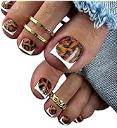 White French Leopard Print Press-On Toenails Short Square False Toenails Leopard Print Full Cover...