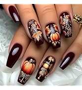 24Pcs Dark Red Press on Nails Long Coffin Fake Nails with Glue Autumn Maple Leaf Pumpkin Nails Ar...