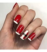 Christmas Press on Nails Red - Medium Square Fake Nails with Solid Color Design - White French Ti...