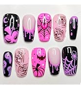 24Pcs Halloween Press on Nails Medium Square French Tip Fake Nails with Pink Pumpkin Ghost Spider...
