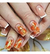 Fall Leaves Press ons Fingernails Thanksgiving Stick on Nail 24Pcs Maple Leaf Press on Nails Glos...
