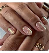 Press On Nails Short Oval – 24pcs Iridescent Multichrome Jelly Fake Nails with 3D Glossy Glass Ef...