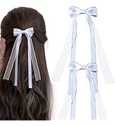 CustomyLife 2Pcs Blue Lace Hair Bows Cute Coquette Bow Clips Long Tail Ribbon Bowknot Barrettes f...