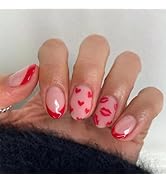 Red French Tips Valentine's Day Press on Nails Short Almond Fake Nails with Sexy Lips Heart Desig...