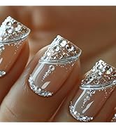 Glitter French Tips Press on Nails Short Square Fake Nails French Tip False Nails with Diamond Gl...