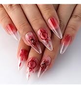 Mivota Halloween Almond Press On Nails Medium, Nude to Blood Red Ombre Fake Nails with 3D Eyeball...