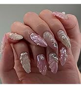 Handmade Almond Shaped Press-On Nails Pink 3D Shell Pearls Medium Long False Nails Crystal Nails ...