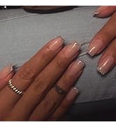 Press on Nails Medium Square Nude Fake Nails Fashion Glossy of Silver glitter Acrylic Press-in Na...