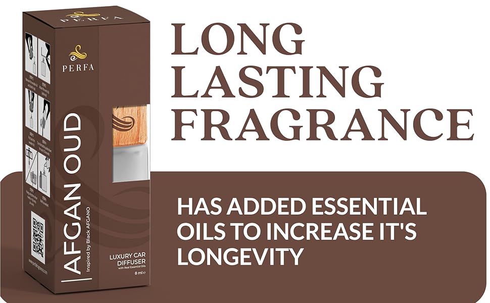 Brown packaging box for 'Argan Oud' fragrance. Text emphasizes long-lasting scent and use of essential oils for increased longevity.