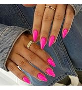 Hot Pink Press on Nails Almond Shaped 48Pcs Neutral Thick Fake Nails for Women, Medium Almond Nai...