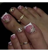 Press on Toenails Short Square Toe Nail Press ons White French Tip Fake Toe Nails with 3D Flower ...