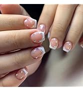 White French Tip Press on Nails Square Short Fake Nails Acrylic Glue on Nails with Colorful Rhine...