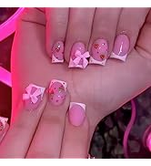 24 Pcs French Tip Press on Nails Short Fake Nails Pink Square False Nails with Bow Strawberry Des...