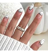 Halloween Press on Nails Medium Almond, with Cute Ghost Design Glue on Nails Glossy Acrylic Full ...