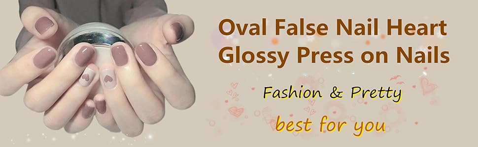 Oval False Nail Heart Glossy Press on Nails Love Acrylic Party Short Fake Nails Art Daily Women Tips