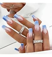 Press on Nails Square Medium Fake Nails Blue Ombre Glue on Nails Chrome Acrylic Nails Press ons G...