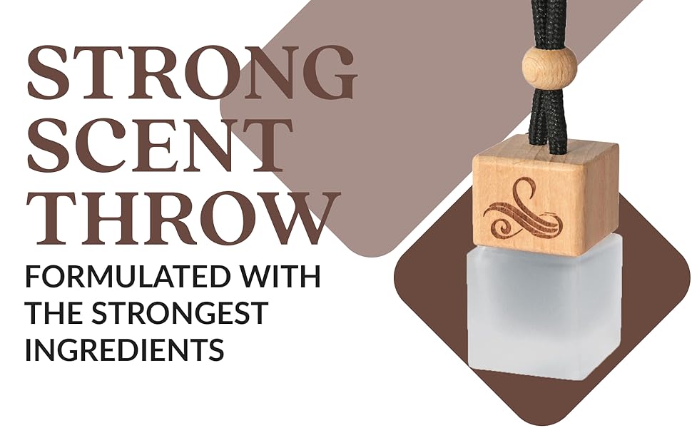 Wooden fragrance diffuser product with 'Strong Scent Throw' text and decorative design, featuring wooden cap and glass container.