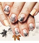 Thanksgiving Press on Nails 24Pcs Maple Leaf Press ons Fingernails Glossy Gold Glitter Short Squa...