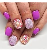Purple Press on Nails Short Square Fake Nails Flower False Nails with Glossy Glitter Design Stick...