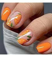 24pcs Square Press on Nails Fruit Orange Fake Nails Cute Summer Fruit Acrylic False Nails Glossy ...