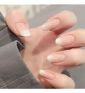 Short Oval Press On Nails – Natural Pink Nude Gradient False Nails with Glossy Finish Fashion Glo...