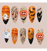 24Pcs Halloween Press on Nails Medium Almond French Tip Fake Nails 3D Cute Ghost Pumpkin Gems Fal...