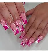 Pink French Press on Nails Long Square Fake Nails with White Flowers Designs Glossy False Nails F...