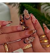 Medium Press on Nails Almond Fake Nails with Design 3D Drip Gel Flowers Full Cover Glue Press Ons...