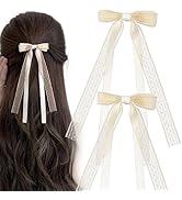 CustomyLife 2Pcs Beige Lace Hair Bows Cute Coquette Bow Clips Long Tail Ribbon Bowknot Barrettes ...