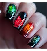 Black Fall Press on Nails Medium Square Fake Nails with Design Autumn Orange Green Maple Leaf Acr...