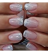 Glitter French Tips Press on Nails Short Square Silver Glitter Designs Full Cover Glossy Reusable...