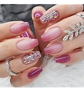 24Pcs Purple Gradient Press on Nails Medium Coffin Fake Nails with Gold Silvers Glitter Stick on ...