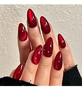 Cherry Red Sparkling Press on Nails Medium Almond Fake Nails Solid Red Color False Nails Reusable...