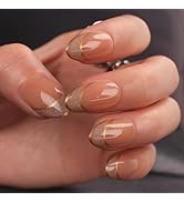 Mivota Short Press On Nails Almond – Nude Cat Eye French Tips with Gold Outline Design, Glossy Ac...