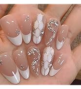 Medium Press on Nails White French Tip Fake Nails Almond Shape with Rhinestone Glitter Charm Glue...