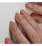 Almond Press On Nail Short, Pink Fake Nails with Elegantly Crafted Gold French Tips, Glossy Gel F...