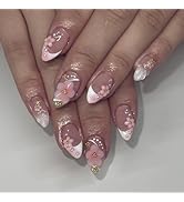 Medium Almond Press on Nails White French Tips Pink Fake Nails with 3D Flower Crystal Acrylic Nai...