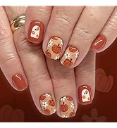 Halloween Press on Nails Short Square Fake Nails with Ghost Pumpkin Flower Designs Orange Nails P...