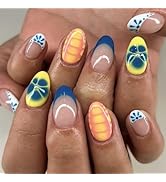 24 Pcs Oval Press on Nails Short Almond Nail Tips,YEFIUO Pink Fake Nails Press ons Blue White Fre...