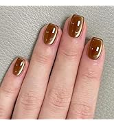24 Pcs Cat's Eye Press On Nails Short Square YEFIUO Brown Glitter Fake Nails Press ons Nail Art T...