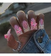 Duck Press on Nails Medium Fake Nails with Butterfly Rhinestones Designs French Tip Nails Press o...